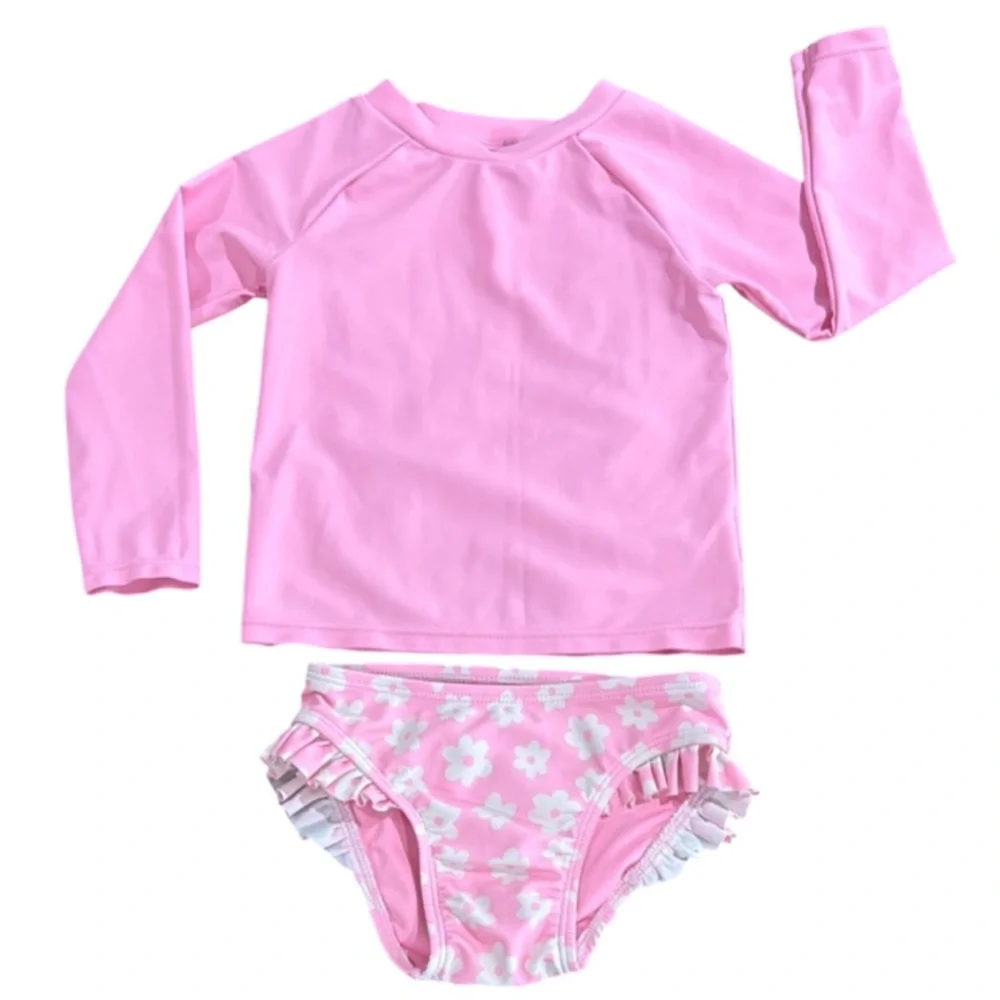 Old Navy Pink Floral 2 Piece Swim Set Rash Guard & Ruffle Bottom Baby 18-24 Mos